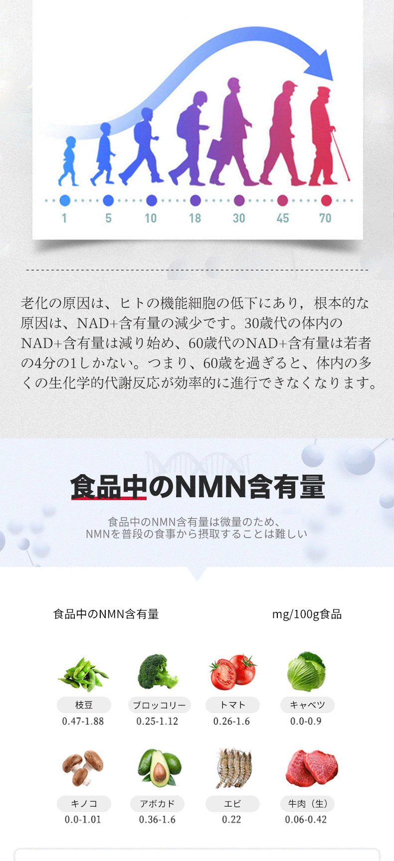 年齢と共にNAD+の量が減少 老化の原因は、ヒトの機能細胞の低下にあり，根本的な原因は、NAD+含有量の減少です。30歳代人の体内のNAD+含有量は減り始め、60歳代のNAD+含有量は若者の4分の1しかない。つまり、60歳を過ぎると、体内の多くの生化学的代謝反応が効率的に進行できなくなります
 食品中のNMN含有量は微量のため、NMNを普段の食事から摂取することは難しい