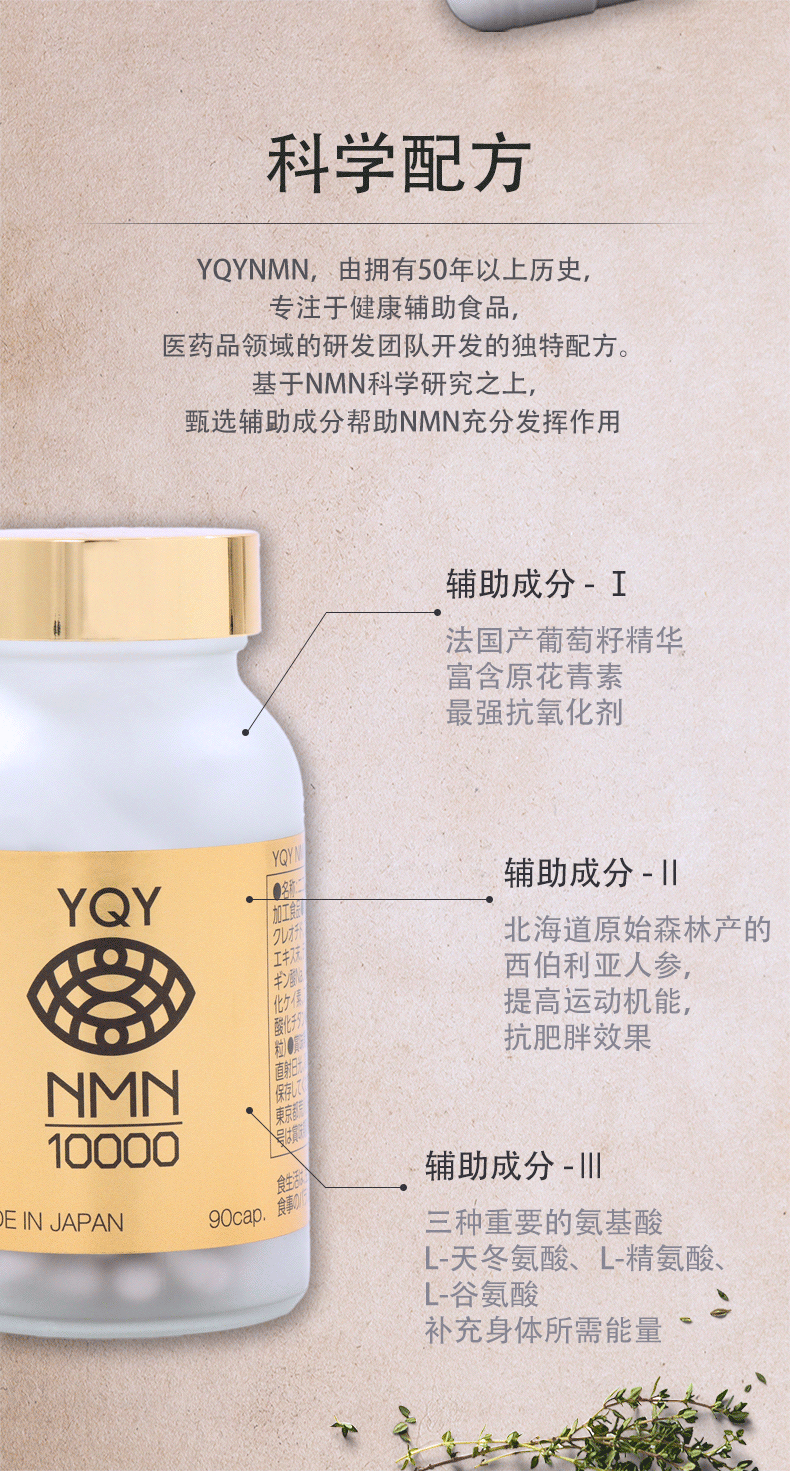 科学配方 
 YQYNMN，由拥有50年以上历史，专注于健康辅助食品，医药品领域的研发团队开发的独特配方。基于NMN科学研究之上，甄选辅助成分帮助NMN充分发挥作用